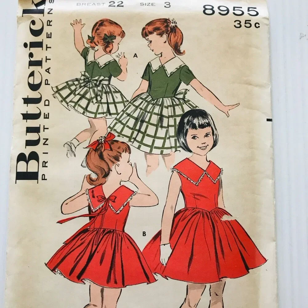 Vintage 1960's Butterick Sewing Pattern 8955 Girls Dress Full Ruffle Skirt Sz 3